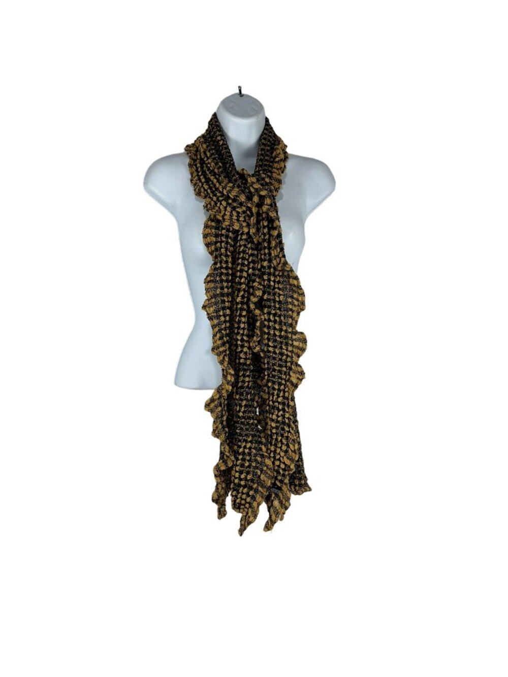 Black & Gold Ladies Ruffle Knit Scarf 100% Acrylic Soft Lightweight Stylish